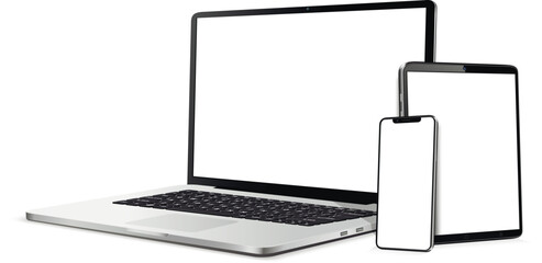 Set of modern digital devices template for responsive design presentation. Mockup of laptop, smartphone and tablet pc.