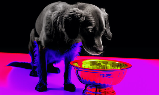 Cute long-haired Chiweenie pondering a sip out of her water bowl; dithered glitch pup background image