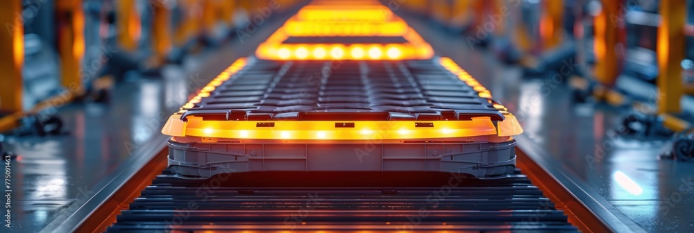 Poster conveyor belt with illuminated lights moving in a factory setting