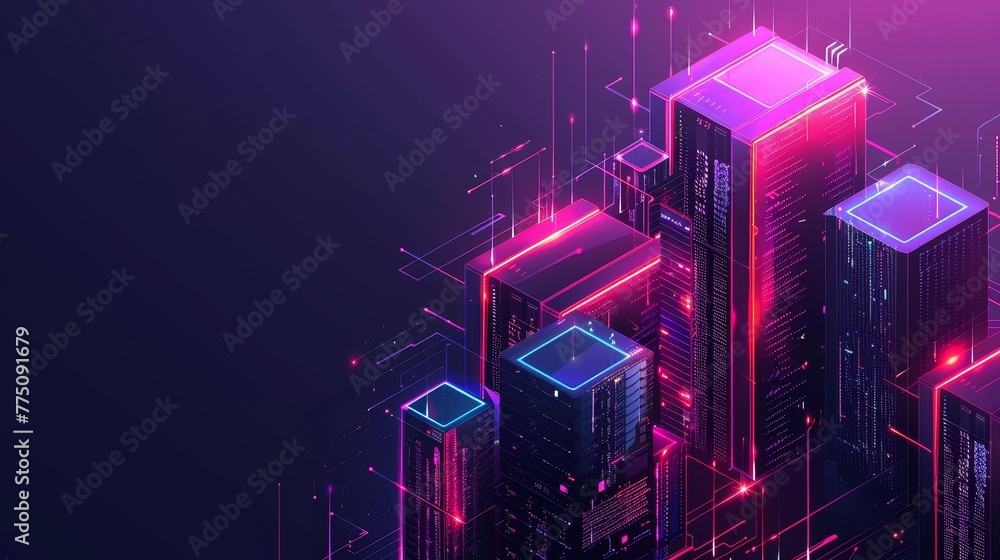 Poster Server or data center room with servers of cloud storage. Dark datacenter with data signals. Tech background of computer warehouses.