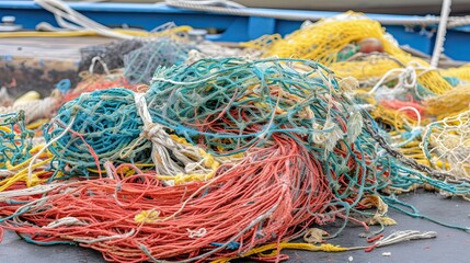 The fishing boat's nets spread out on the deck, ready for a day of hard work on the open water.