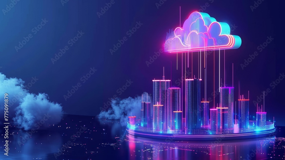 Poster IoT technology, cloud computing concept. Wireless internet communication in smart cities with cloud storage. Data storage and uploading on the server. Digital cloud over virtual smart city on podium.