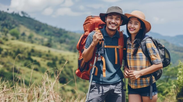 Smiling Asian girl and man hiking on summer outdoor adventure vacation with backpacks. Black and white panoramic image of beautiful landscape.