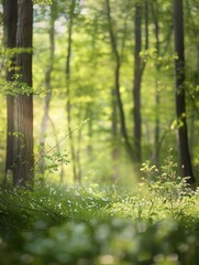 A winding forest path disappearing into a hazy, misty atmosphere, with sunlight filtering through the verdant canopy and casting a mystical, otherworldly glow on the woodland scene.