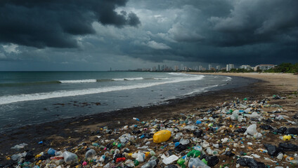 A panoramic view of a coastal area polluted with plastic waste, trash strewn across the beach, and dark clouds overhead. Environment pollution