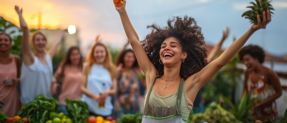 An energetic group of young multiracial friends dancing on their rooftop at sunset, enjoying cold beer and holding hands with one another - obrazy, fototapety, plakaty