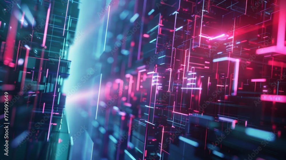 Poster glowing neon lines and geometric shapes on abstract tech background