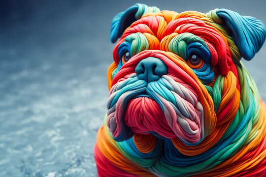 Close-up portrait of a colorful plasticine bulldog, blurred background.