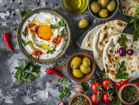 A table with a variety of Arabic breakfast food items including a bowl of hummus 