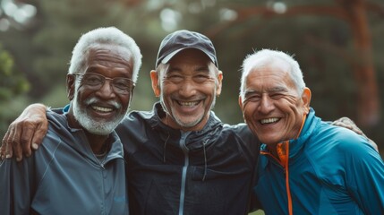 Portrait of senior men, fitness and smiles outdoor for exercise motivation, retirement health, and diversity in training. Senior athletes, happiness and sports friends wellness. - obrazy, fototapety, plakaty