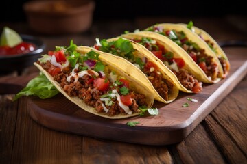 Tempting tacos on a wooden board against a patterned gift wrap paper background