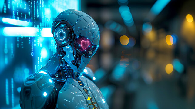 feamale humanoid robot with visible beating pink heart in the eyes, futuristic, cybernetic enhancements, glowing circuits,