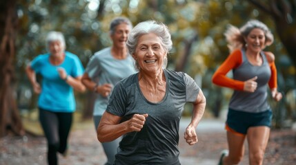The main focus is on the face of a mature woman in the center of the frame. Fit older people running in a city park - Group of older friends working out together outdoors - obrazy, fototapety, plakaty