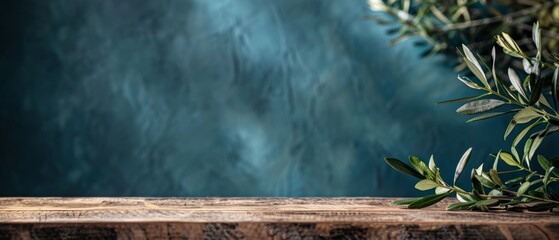 Wide angle of olive branches spread over a rustic wooden table, with a soft-focus blue background creating a serene setting.