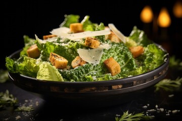 Delicious caesar salad on a slate plate against a patterned gift wrap paper background