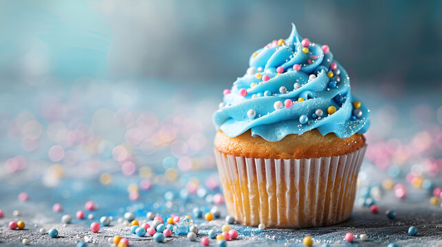 Blue Birthday Cup Cake Background Image with Copy Space






