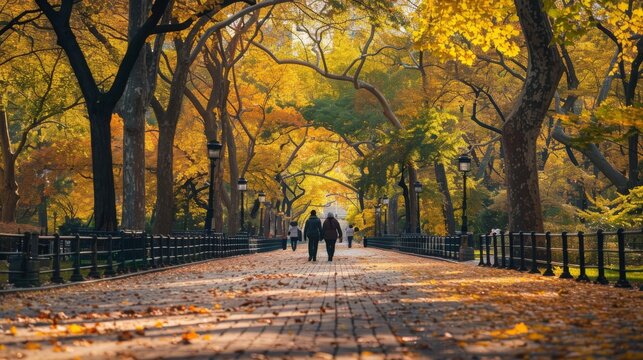 Seeing from the back, an autumn leaf covered path in New York City's Central Park. Quiet, contemplative mood on a crisp, early fall day.