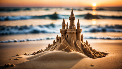 Sand castle sculpture on a island beach, warm and sunny summer sunset background with lapping ocean waves on the shore, relaxing tropical holiday hobby.	