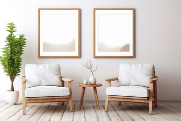 Two armchairs in room with white wall and big frame poster on it. Scandinavian style interior design of modern living room