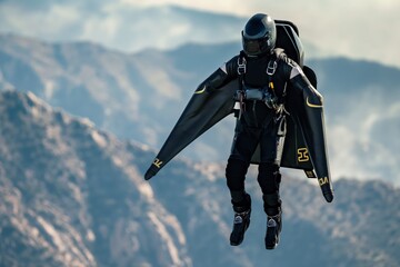 A person in full wing suit gear flying against a backdrop of rugged mountains, showcasing the thrill of extreme sports.