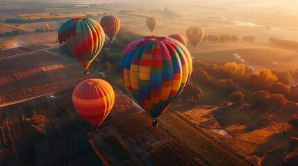 An aerial view of colorful hot air balloons drifting over patchwork fields - obrazy, fototapety, plakaty
