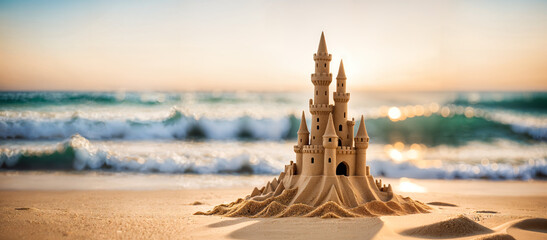 Sand castle sculpture on a island beach, warm and sunny summer sunset background with lapping ocean waves on the shore, relaxing tropical holiday hobby.	