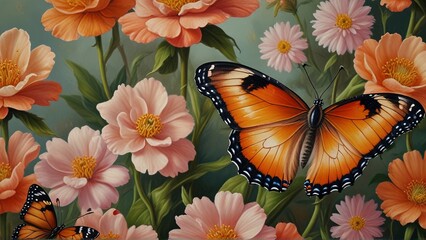 Vibrantly blooming peach-toned spring flowers contrast beautifully with a bright orange butterfly in this mesmerizing image.
