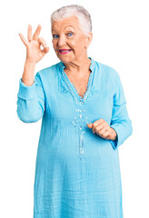 Senior beautiful woman with blue eyes and grey hair wearing summer dress smiling positive doing ok...