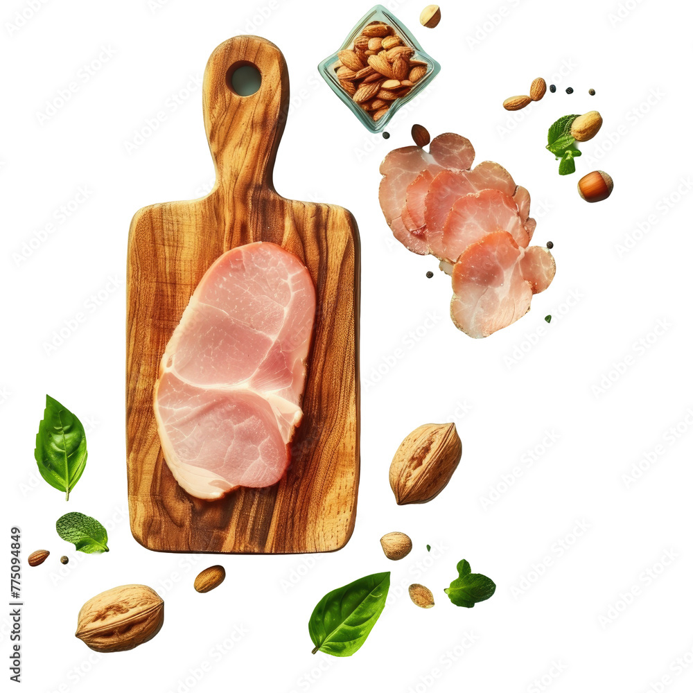 Poster a cutting board displaying meat and assorted nuts