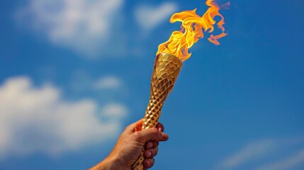 arm holding olympic torch with sky background