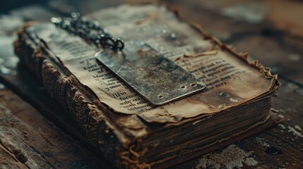 A close-up of a worn military tag (dog tag) resting on the aged pages of a prayer book, invoking a sense of solemnity and reflection. Yom HaZikaron Day of Remembrance.