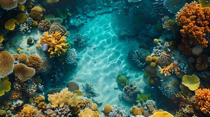 Naklejka na ściany i meble An aerial view of vibrant coral formations and marine life in a shallow lagoon