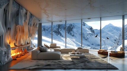 A cozy living room of cave with modern furniture and floor-to-ceiling windows overlooking the snowcapped mountains outside. Generative AI.