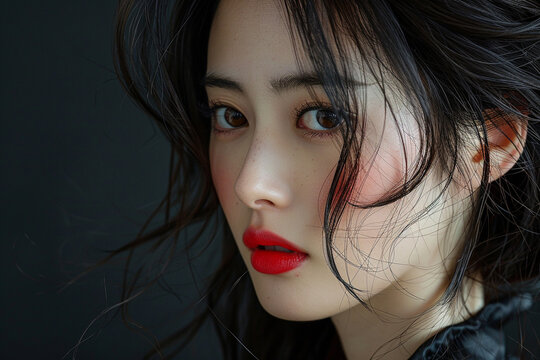 portrait of a Japanesse woman with lips. Image with copyspace