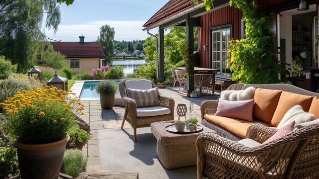 Imagine a beautifully designed terrace adjacent to a charming Swedish house, the focus of a professional photo shoot aimed at showcasing exquisite outdoor furniture and terrace designs. 