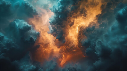 An awe-inspiring thunderstorm unleashing its power amidst a backdrop of dramatic clouds - obrazy, fototapety, plakaty