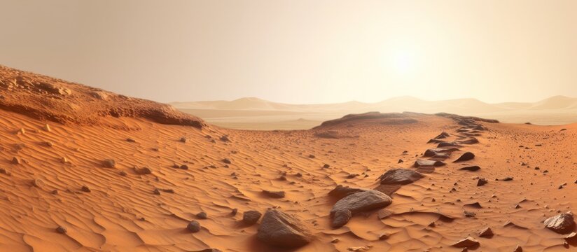 Landscape on Planet Mars. Footprints of the rover after crossing a dune on the red planet