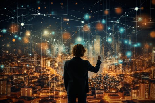 A Person interacts with holographic technology, manipulating a virtual 3D interface with her hand in a dimly lit digital space. Generative AI.