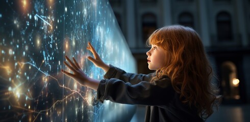 A Person interacts with holographic technology, manipulating a virtual 3D interface with her hand in a dimly lit digital space. Generative AI.