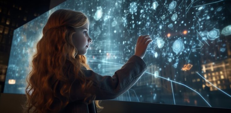 A Person interacts with holographic technology, manipulating a virtual 3D interface with her hand in a dimly lit digital space. Generative AI.
