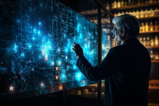 A Person interacts with holographic technology, manipulating a virtual 3D interface with her hand in a dimly lit digital space. Generative AI.