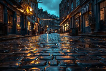 a wet cobblestone street with buildings and shops on either side