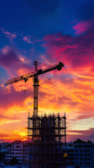 Fototapeta premium A towering construction crane stands silhouetted against a breathtaking sunset sky, its intricate structure framed by the vibrant colors of the evening clouds