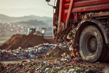 Close-up of a garbage truck dumping waste at a landfill site - obrazy, fototapety, plakaty