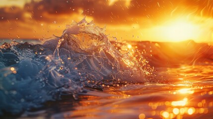 Vibrant sunset  ocean waves in motion with realistic textures and glistening water droplets