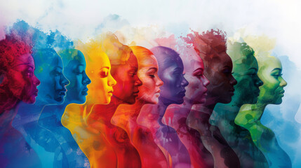 Diversity Concept Spectrum of Women's Profiles Individuality Rainbow Watercolor - obrazy, fototapety, plakaty