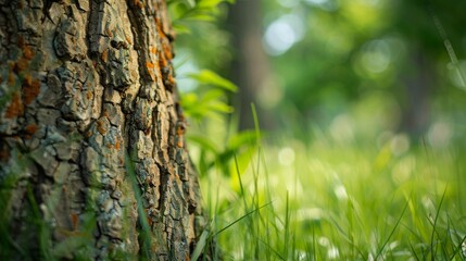 A close-up of the textured bark of a tree in a lush green meadow - obrazy, fototapety, plakaty