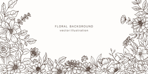 Flower line art background. Floral plant leaf frame design. Spring vintage bouquet luxury pattern. Vector illustration nature summer card