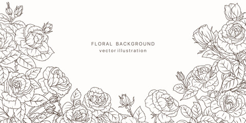 Luxury rose flower line art background. Floral plant leaf frame design card. Summer vintage bouquet luxury pattern. Vector illustration nature spring wedging card
