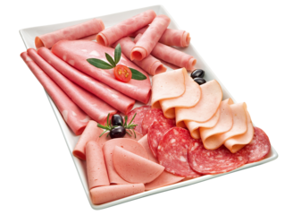 prato com salame fatiado, presunto, mortadela, salsichão, peito de peru e azeitona preta isolado em fundo transpatente